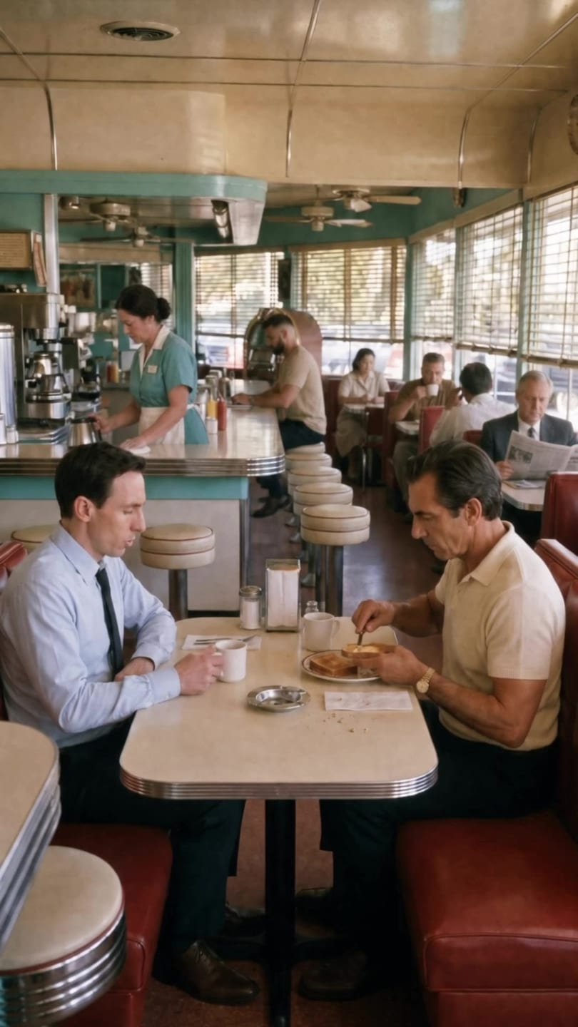 A 1969 California diner: the waitress behind the counter, patrons in red booths — the world of the studio's own ad
