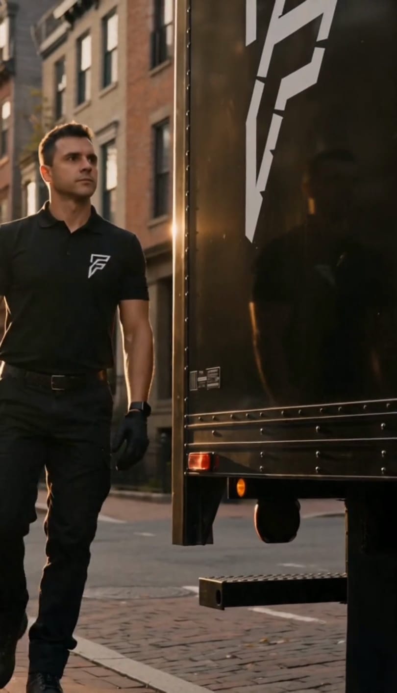 Still from the Fortex Moving film: the crew at work, staged with heist-film precision