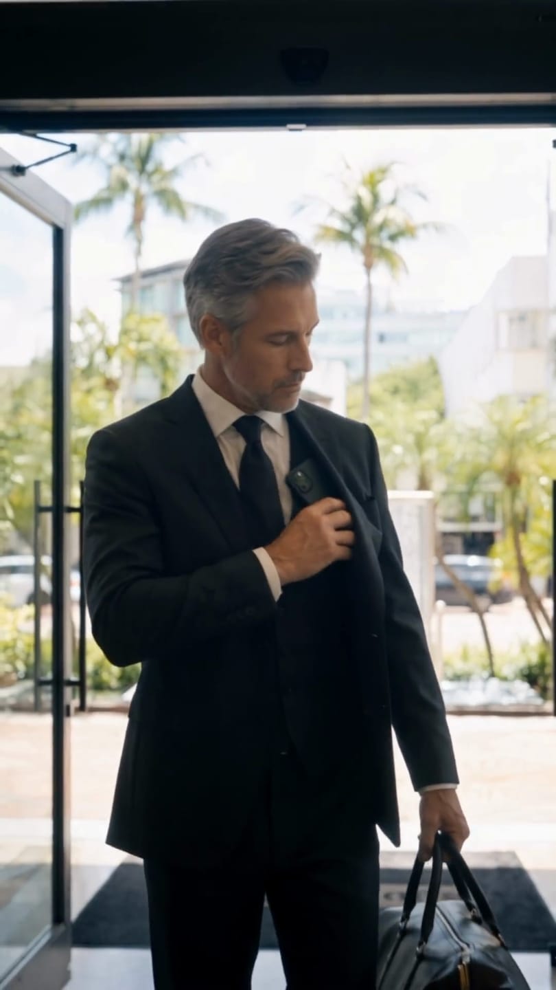 Still from the National Hotel film: a guest arriving through the doors, palms and Collins Avenue behind him