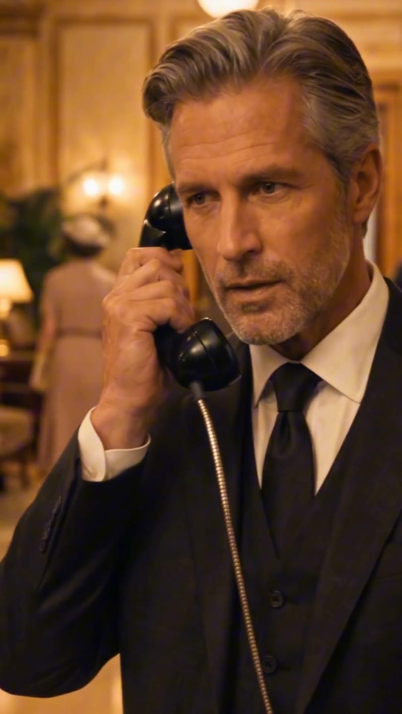 Still from the National Hotel film: a call taken on the house telephone in the lobby