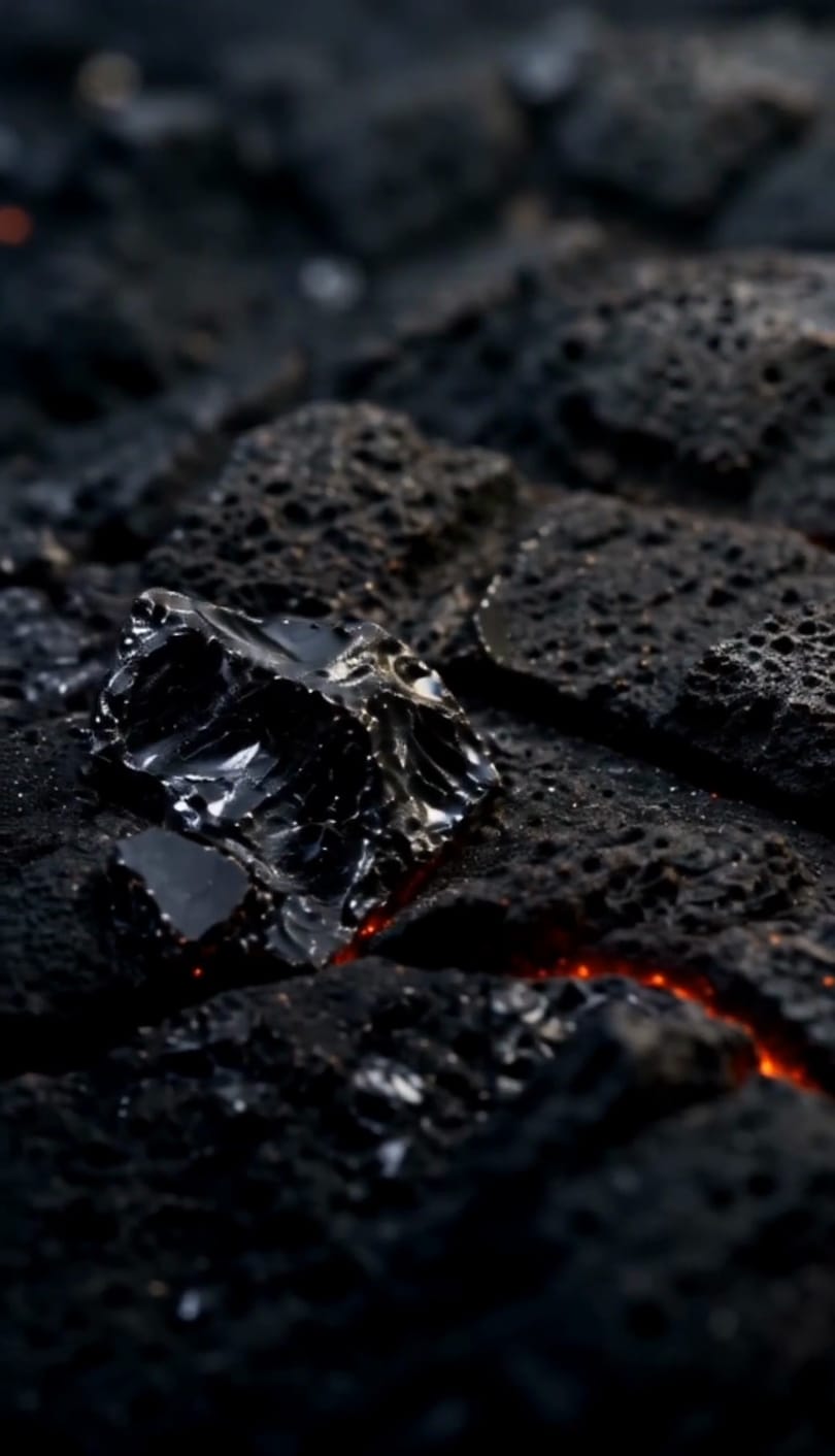 Still from the Vesuvius Gin film: dark glass resting on porous volcanic rock, embers glowing in the cracks